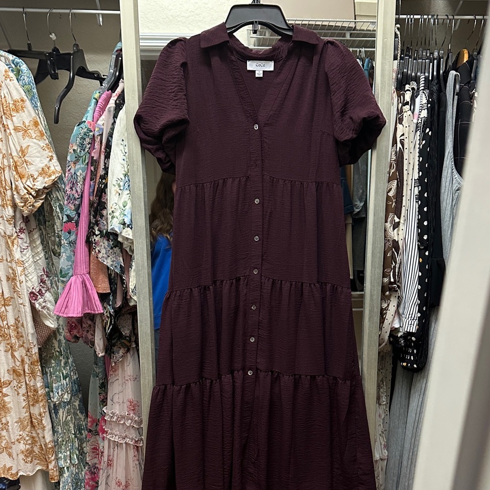 CeCe Button-Front Tiered Maxi Dress in Deep Plum